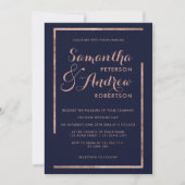 Invitation Rose moderne cadre or marine script mariage (Devant)