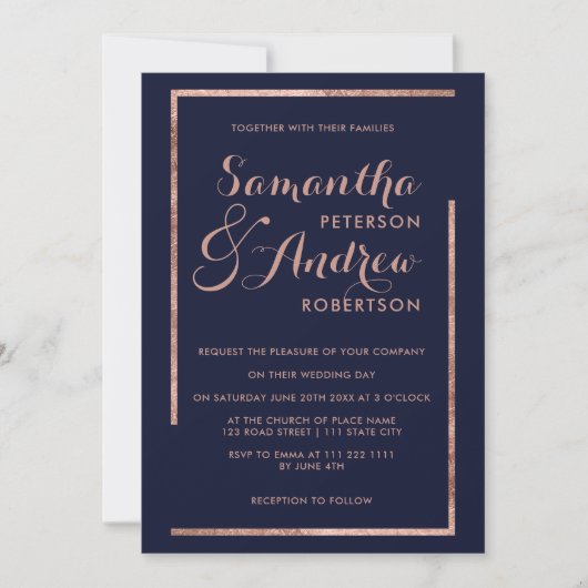 Invitation Rose moderne cadre or marine script mariage (Devant)