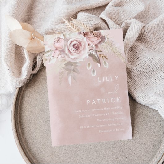 Invitation Rose moderne Dusty et Rose Blush Mariage aquarelle