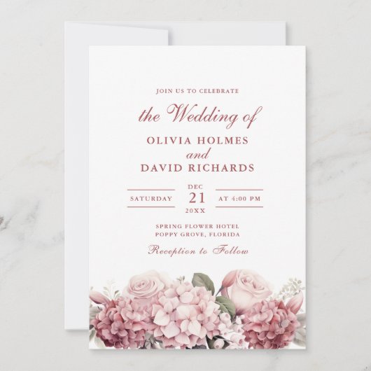 Invitation Rose moderne Dusty Hydrangea Mariage (Devant)