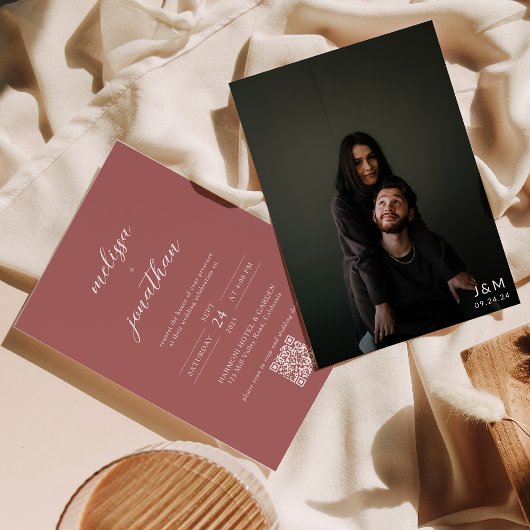 Invitation Rose moderne Dusty Photo Monogramme Code QR Mariag