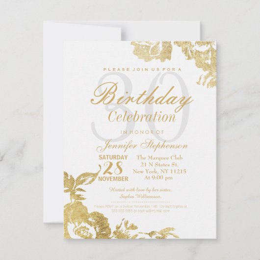 Invitation Rose moderne élégant Floral Gold Birthday (Devant)