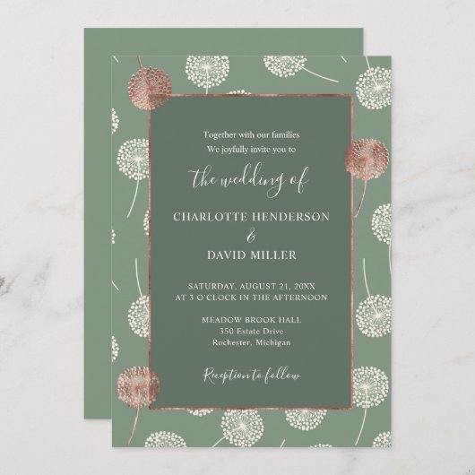 Invitation Rose moderne élégant or Dandelion Mariage vert (Devant / Derrière)