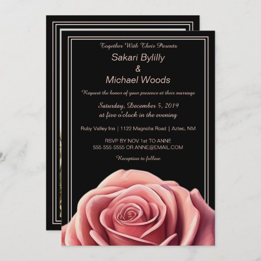 Invitation Rose moderne en noir (Devant / Derrière)
