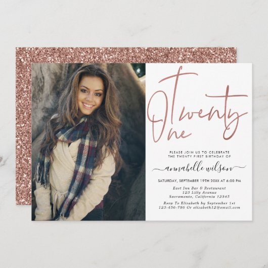 Invitation Rose moderne Gold 21st Birthday Photo (Devant / Derrière)
