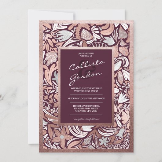 Invitation Rose moderne Gold Bourgogne Floral Mariage Botaniq (Devant)