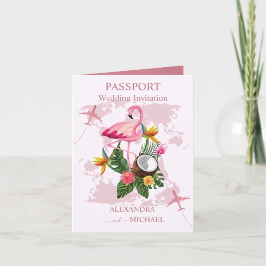 Invitation Rose moderne Gold Destination Passport Mariage Inv (Devant)