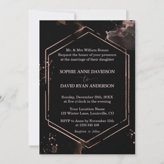 Invitation Rose moderne Gold Frame Black Mariage Forme (Devant)