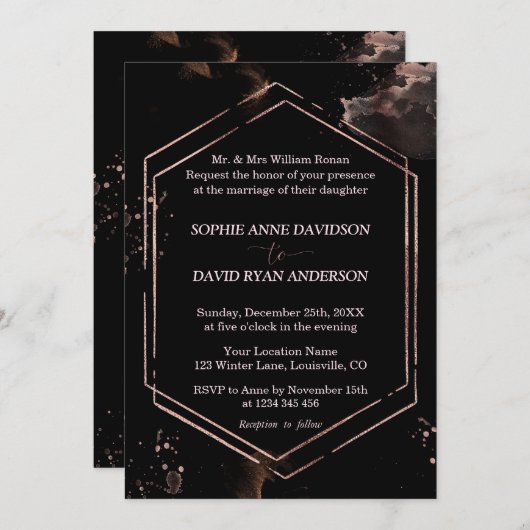 Invitation Rose moderne Gold Frame Black Mariage Forme (Devant / Derrière)