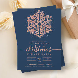 Invitation Rose moderne Gold Hiver Snowflake Noël Marine