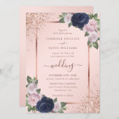 Invitation Rose moderne Gold Navy Blue Blush Floral Mariage (Devant / Derrière)