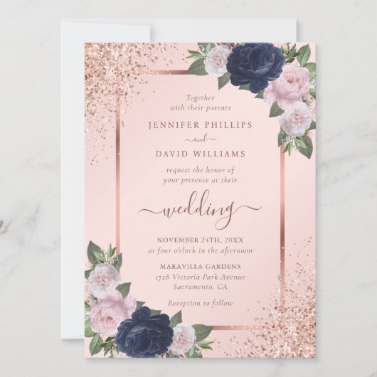 Invitation Rose moderne Gold Navy Blue Blush Floral Mariage (Devant)