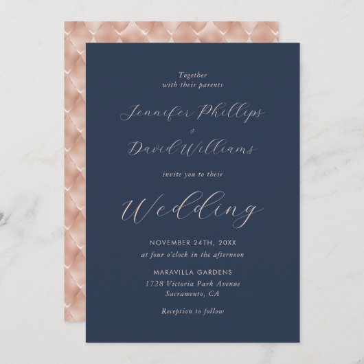 Invitation Rose moderne Gold Navy Blue Elegant Script Mariage (Devant / Derrière)