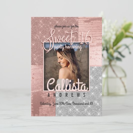 Invitation Rose moderne Gold Parties scintillant argent phot (Debout devant)