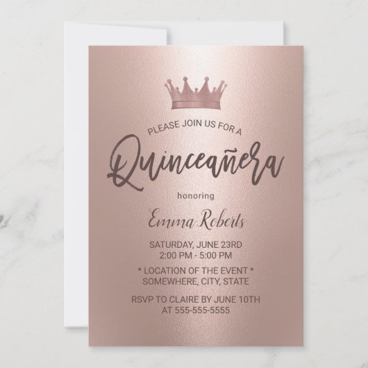 Invitation Rose moderne Gold Princesse Quinceanera 15 Anniver (Devant)