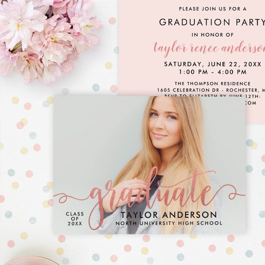 Invitation Rose moderne Gold Script Graduate Photo Graduate