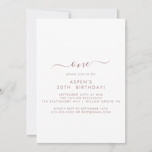 Invitation Rose moderne Gold Script Première fête d'anniversa (Devant)