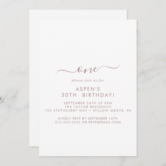 Invitation Rose moderne Gold Script Première fête d'anniversa (Devant / Derrière)