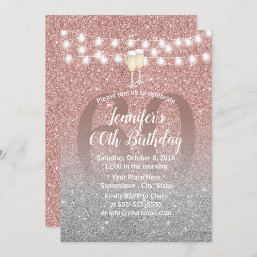 Invitation Rose moderne Gold & Silver Parties scintillant 60e (Devant / Derrière)