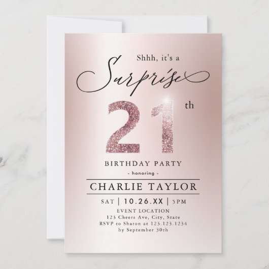 Invitation Rose moderne or adulte surprise 21e anniversaire (Devant)