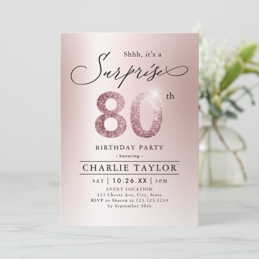 Invitation Rose moderne or adulte surprise 80e anniversaire (Debout devant)