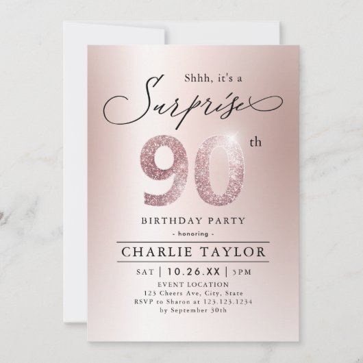 Invitation Rose moderne or adulte surprise 90e anniversaire (Devant)