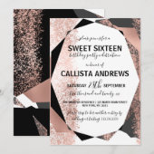 Invitation Rose moderne Or noir blanc Géométrique Sweet 16 (Devant / Derrière)