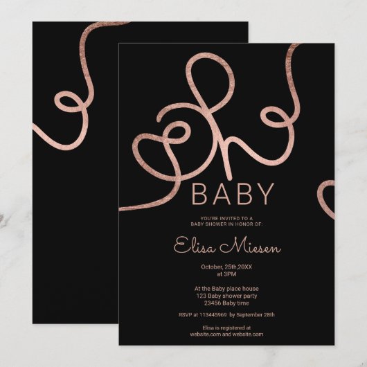 Invitation Rose moderne or noir calligraphie Oh baby shower (Devant / Derrière)