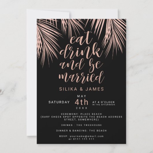 Invitation Rose moderne or noir palmier tropical mariage2 (Dos)