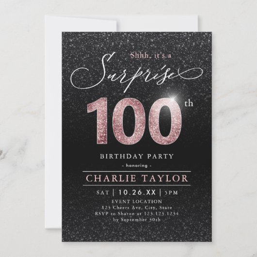 Invitation Rose moderne or noir surprise 100e anniversaire (Devant)