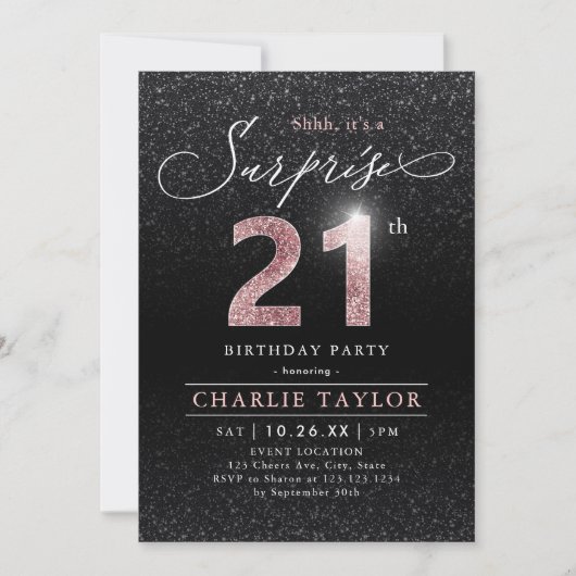 Invitation Rose moderne or noir surprise 21e anniversaire (Devant)