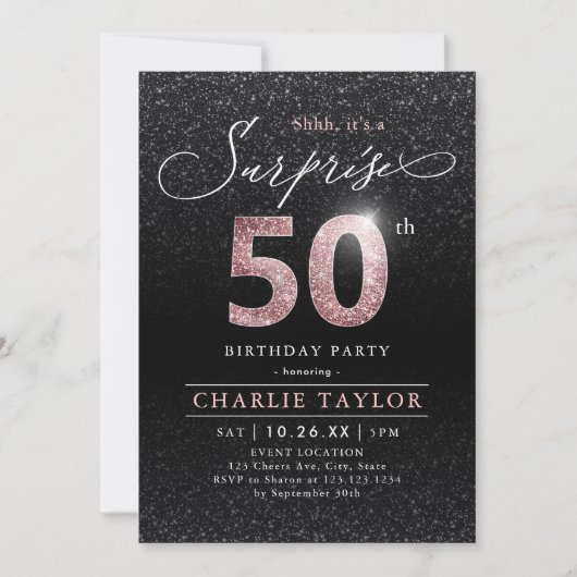 Invitation Rose moderne or noir surprise 50e anniversaire (Devant)