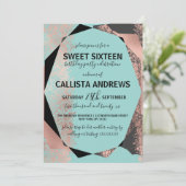 Invitation Rose moderne Or noir Turquoise Géométrique Sweet 1 (Debout devant)