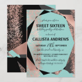 Invitation Rose moderne Or noir Turquoise Géométrique Sweet 1 (Devant / Derrière)