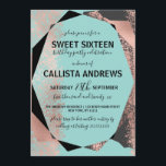 Invitation Rose moderne Or noir Turquoise Géométrique Sweet 1<br><div class="desc">Cette invitation à fêter un sweet sixteen moderne, luxueux et élégant est parfaite pour une jeune adolescente branchée et élégante. Il représente une feuille d'or rose imbriquée métallique, noire, gris charbon de bois, géométrique turquoise verte et de peinture éclaboussée. Contemporain, chic et unique ! ***REMARQUE IMPORTANTE DE CONCEPTION : Pour...</div>