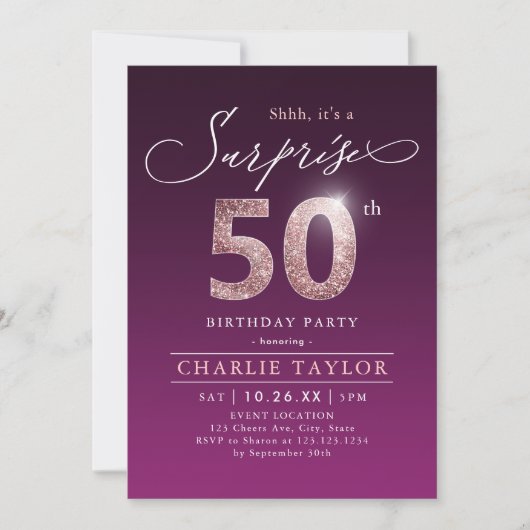 Invitation Rose moderne or violet surprise 50e anniversaire d (Devant)