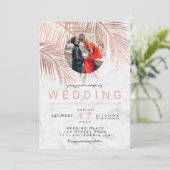 Invitation Rose moderne palmier en or marbre photo mariage (Debout devant)
