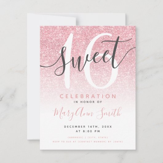 Invitation Rose moderne Parties scintillant d'or Ombre 16e an (Devant)