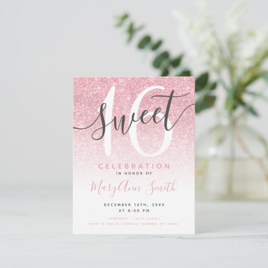 Invitation Rose moderne Parties scintillant d'or Ombre 16e an (Debout devant)