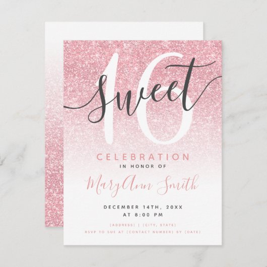 Invitation Rose moderne Parties scintillant d'or Ombre 16e an (Devant / Derrière)