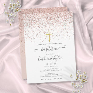 Invitation Rose moderne Parties scintillant or Baptême Christ