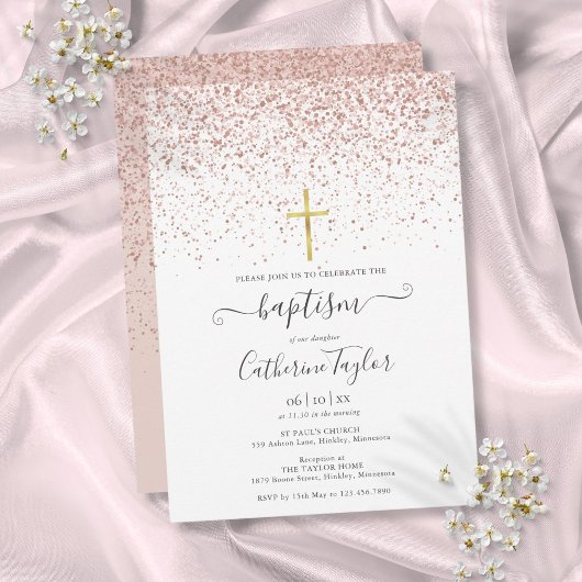Invitation Rose moderne Parties scintillant or Baptême Christ