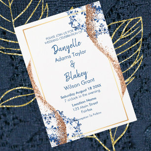 Invitation Rose moderne Parties scintillant or bleu dentelle 