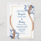 Invitation Rose moderne Parties scintillant or bleu dentelle (Devant)