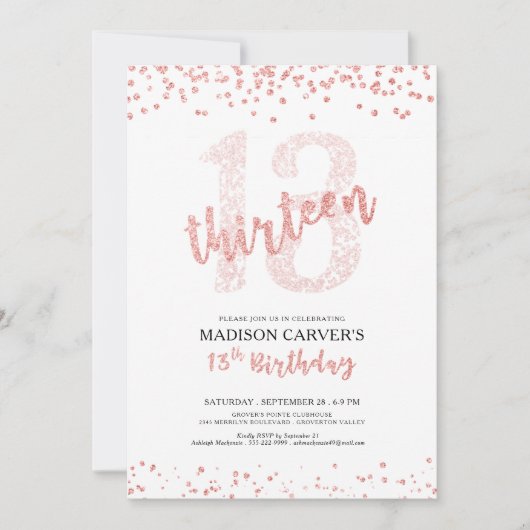 Invitation Rose moderne Parties scintillant or Confetti 13e a (Devant)