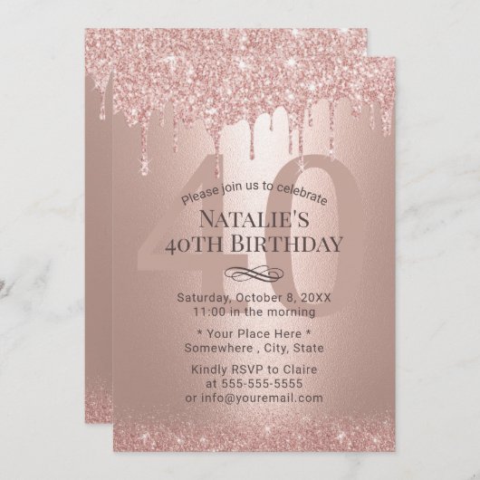 Invitation Rose moderne Parties scintillant or Drips fille 40 (Devant / Derrière)