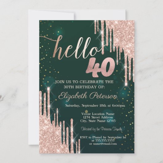 Invitation Rose moderne Parties scintillant or Drips Vert 40e (Devant)
