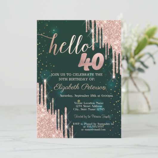 Invitation Rose moderne Parties scintillant or Drips Vert 40e (Debout devant)