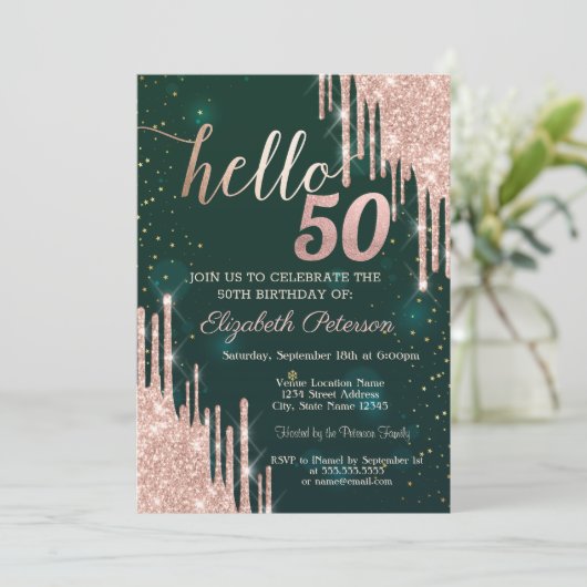 Invitation Rose moderne Parties scintillant or Drips Vert 50e (Debout devant)