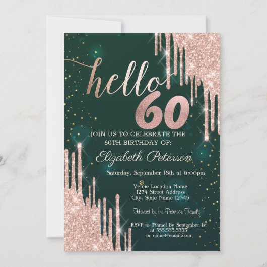 Invitation Rose moderne Parties scintillant or Drips Vert 60e (Devant)